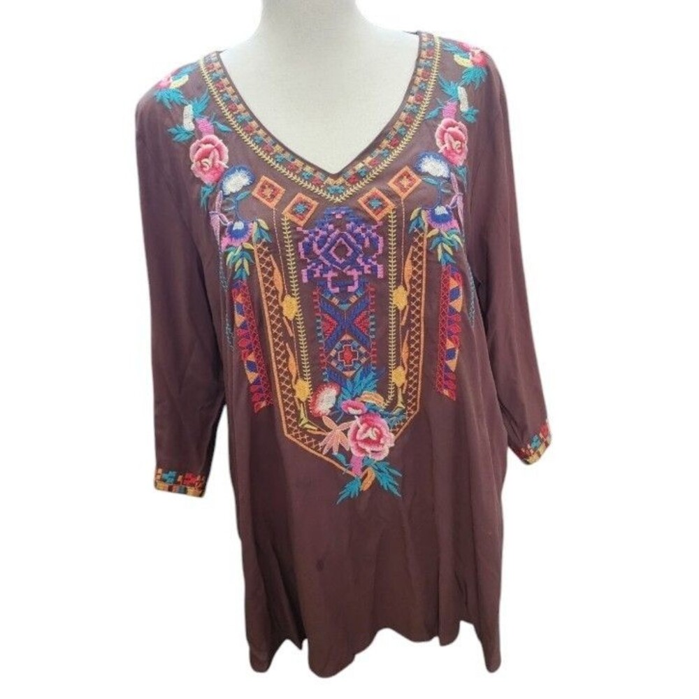 AK Embroidered Boho Top NWT Brown Size Small Lined Rayon